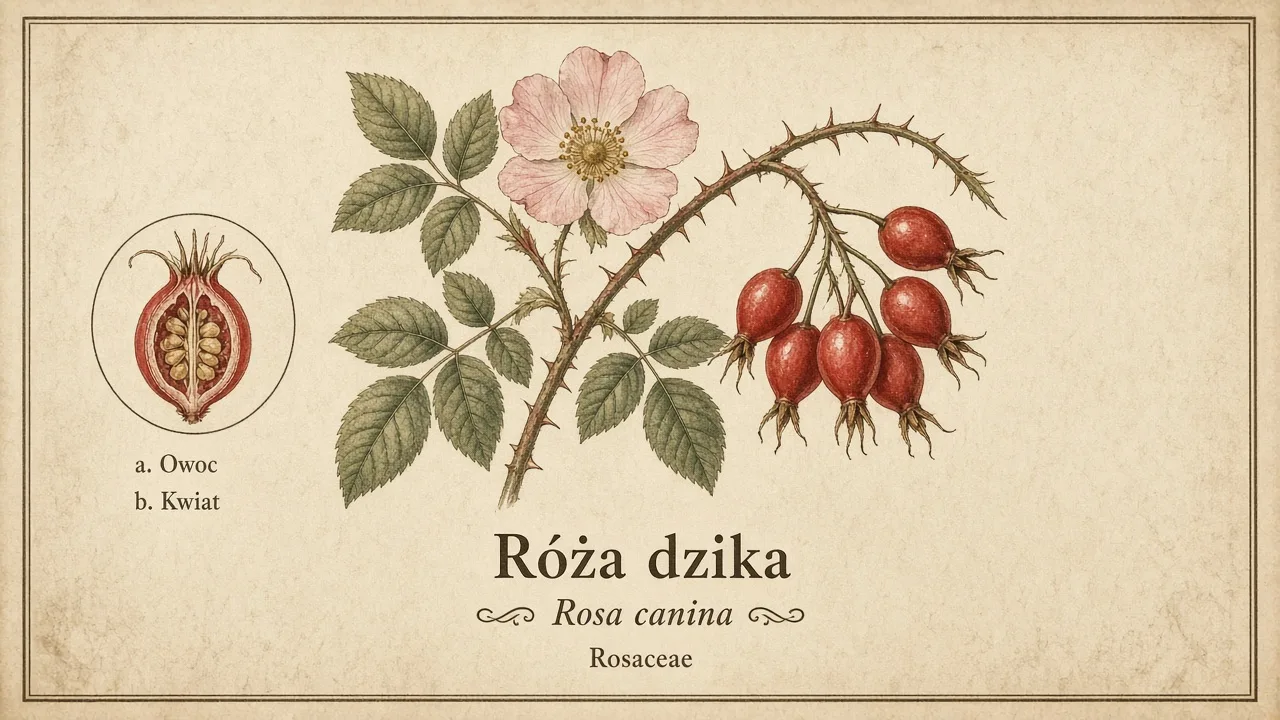 Ilustracja zielnikowa: Róża dzika (Rosa canina)